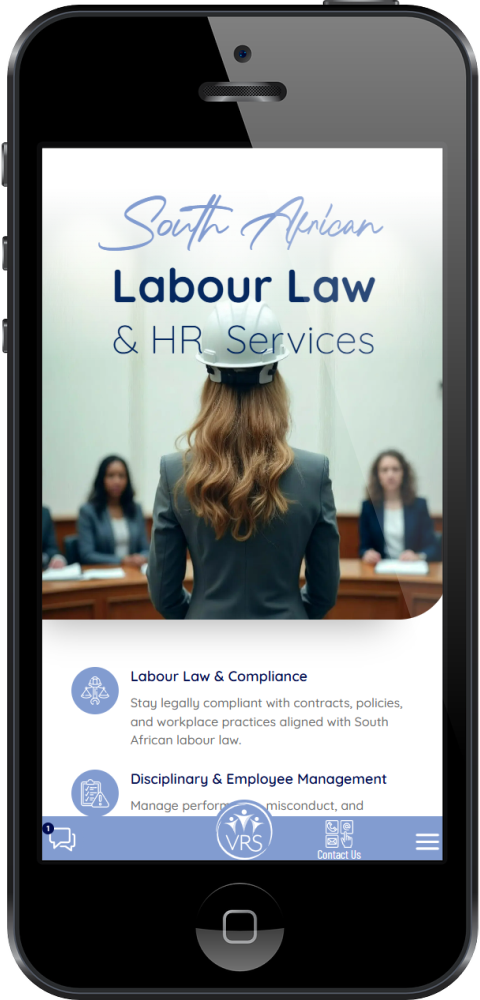 VRS Labour Law Consultants Website on mobile 2026 VRS Labour Consultants website on a mobile phone